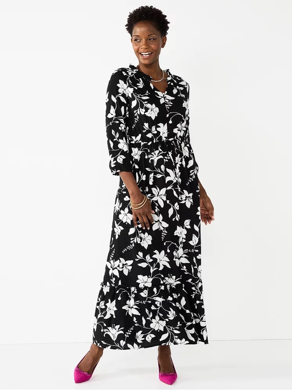 Croft & Barrow XL Black White Floral Rayon Ruffle Maxi Dress Tie Waist